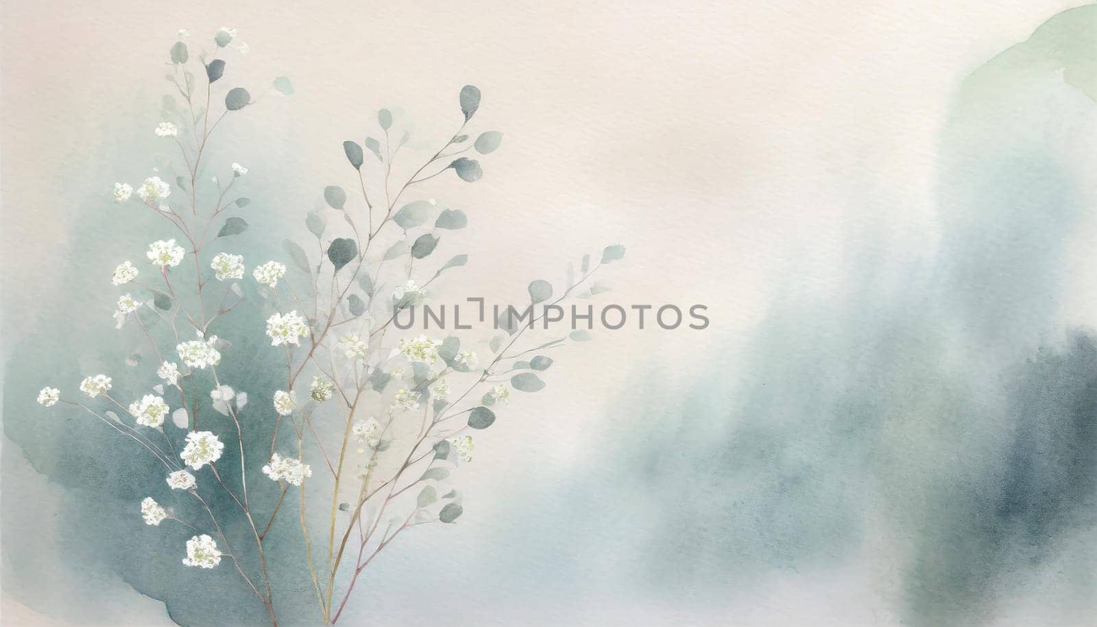 Illustration of a greeting card template watercolor painting of delicate white gypsophila flowers and green leaves blended background. Mockup for invitation card. Generative Ai