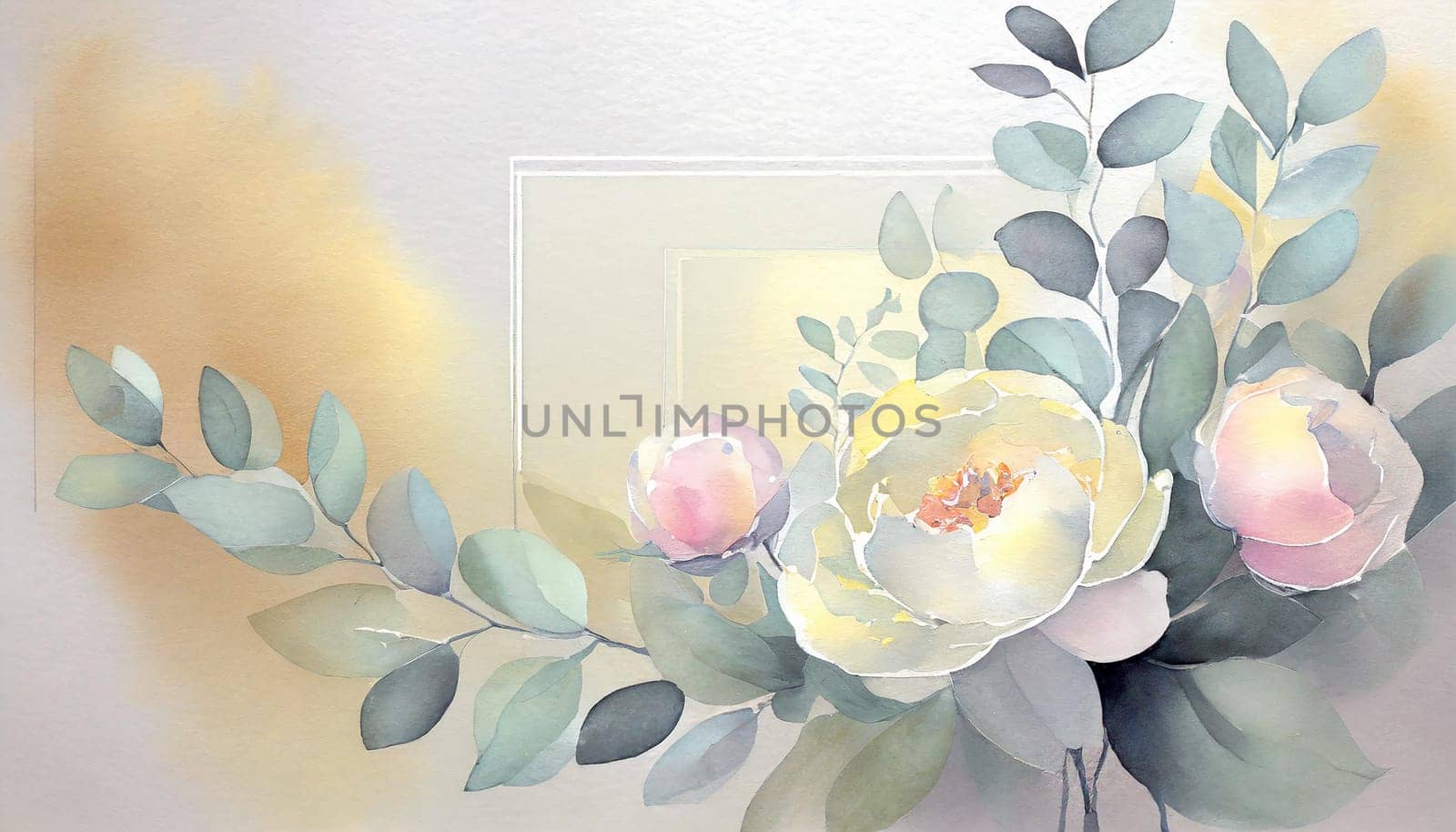 Illustration of a greeting card template watercolor painting of delicate peonies flowers and green leaves blended background. Mockup for invitation card. Generative Ai