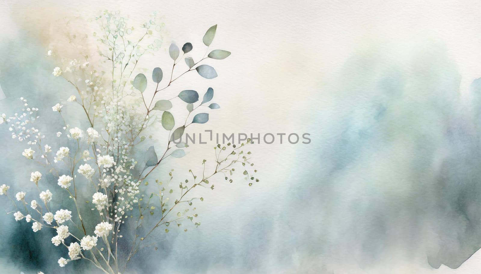 Illustration of a greeting card template watercolor painting of delicate white gypsophila flowers and green leaves blended background. Mockup for invitation card. Generative Ai