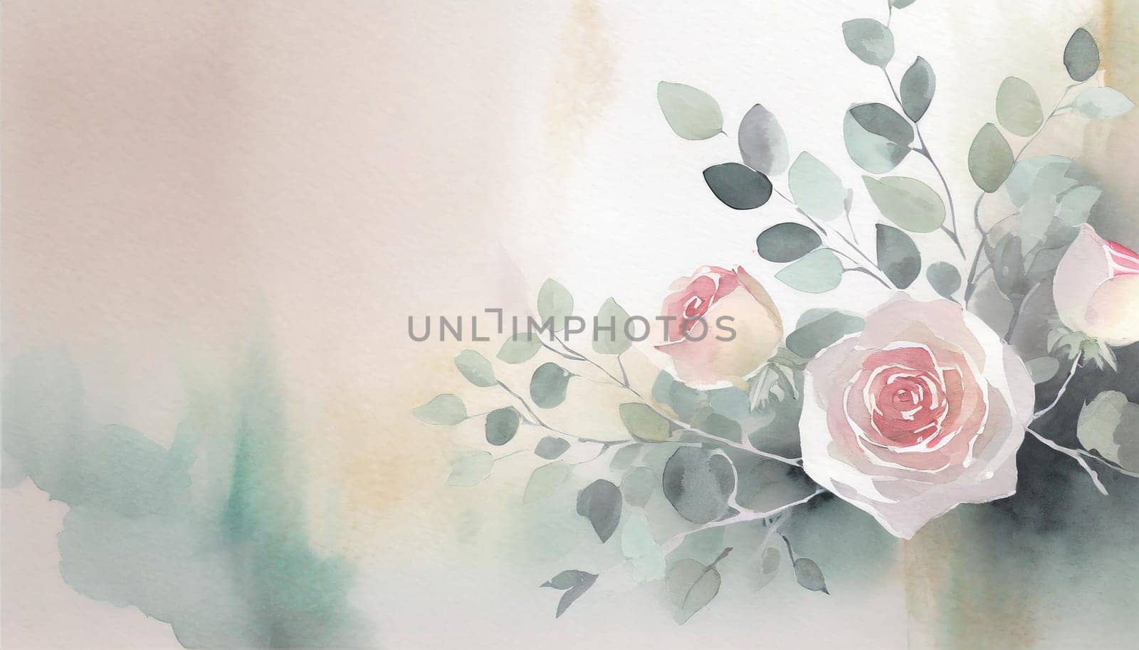 Illustration of a greeting card template watercolor painting of delicate roses and green leaves blended background. Mockup for invitation card. Generative Ai