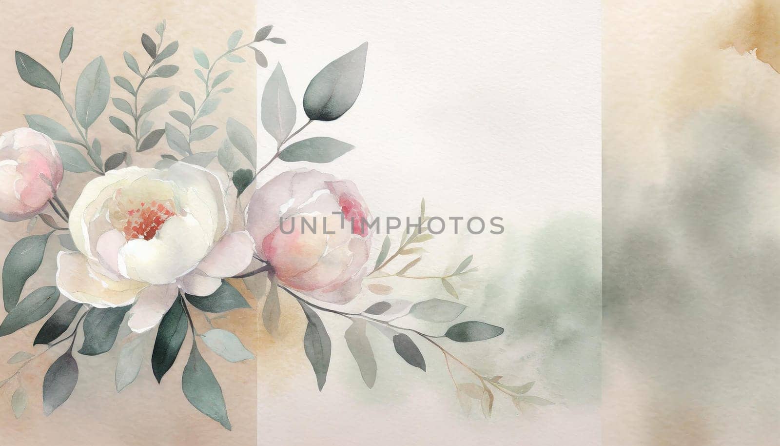 Illustration of a greeting card template watercolor painting of delicate peonies flowers and green leaves blended background. Mockup for invitation card. Generative Ai