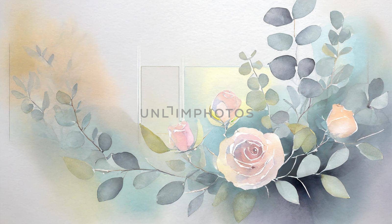 Illustration of a greeting card template watercolor painting of delicate roses and green leaves blended background. Mockup for invitation card. Generative Ai