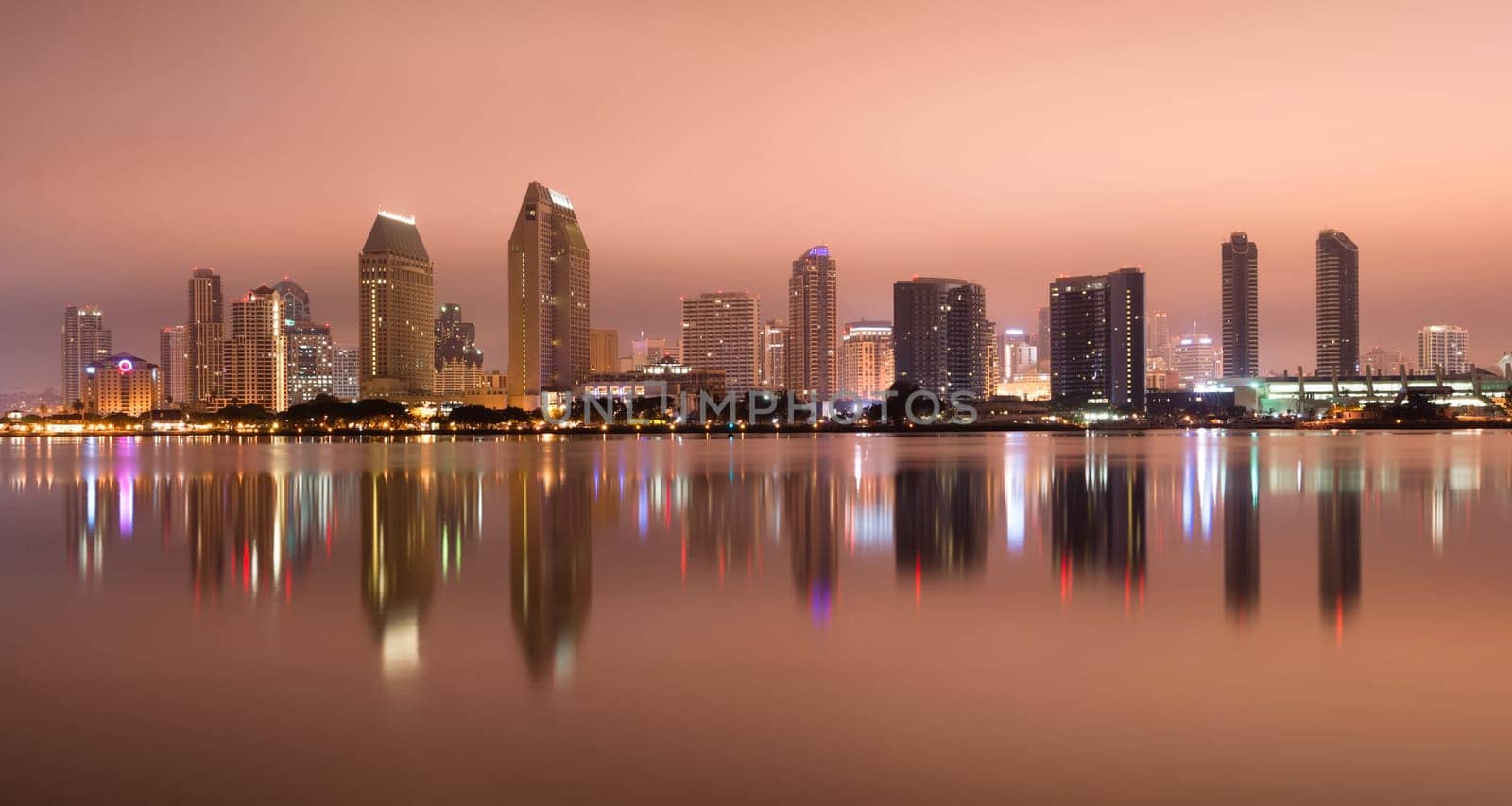 Downtown San Diego skyline water reflection midnight