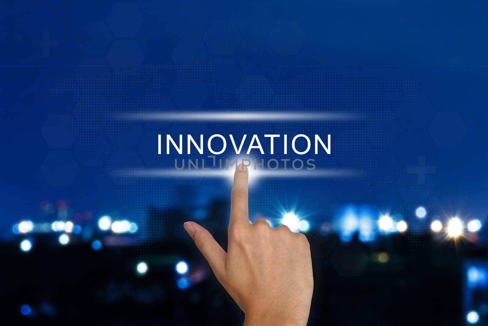 hand clicking innovation button on a touch screen interface