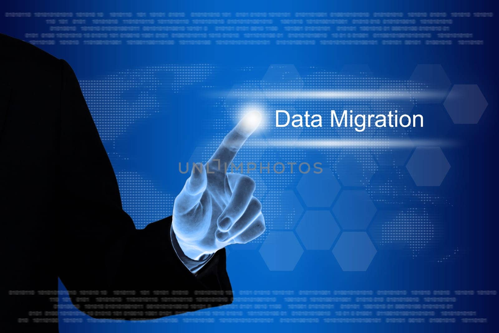 business hand pushing data migration button on a touch screen interface