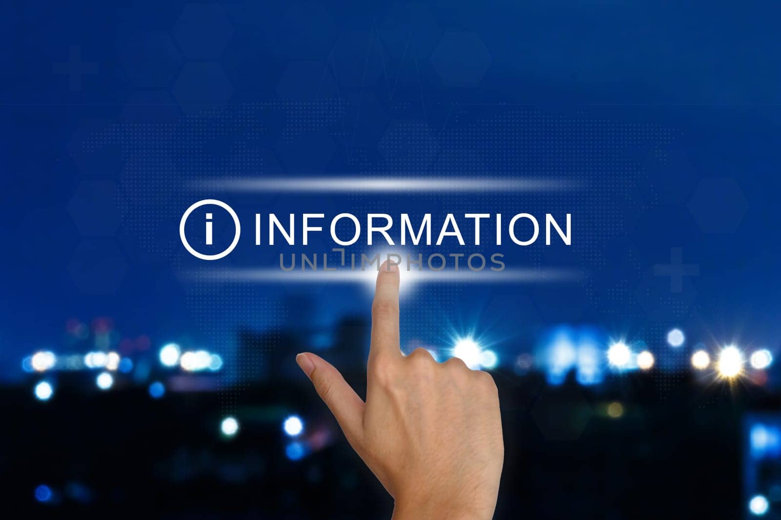 hand clicking information button on a touch screen interface