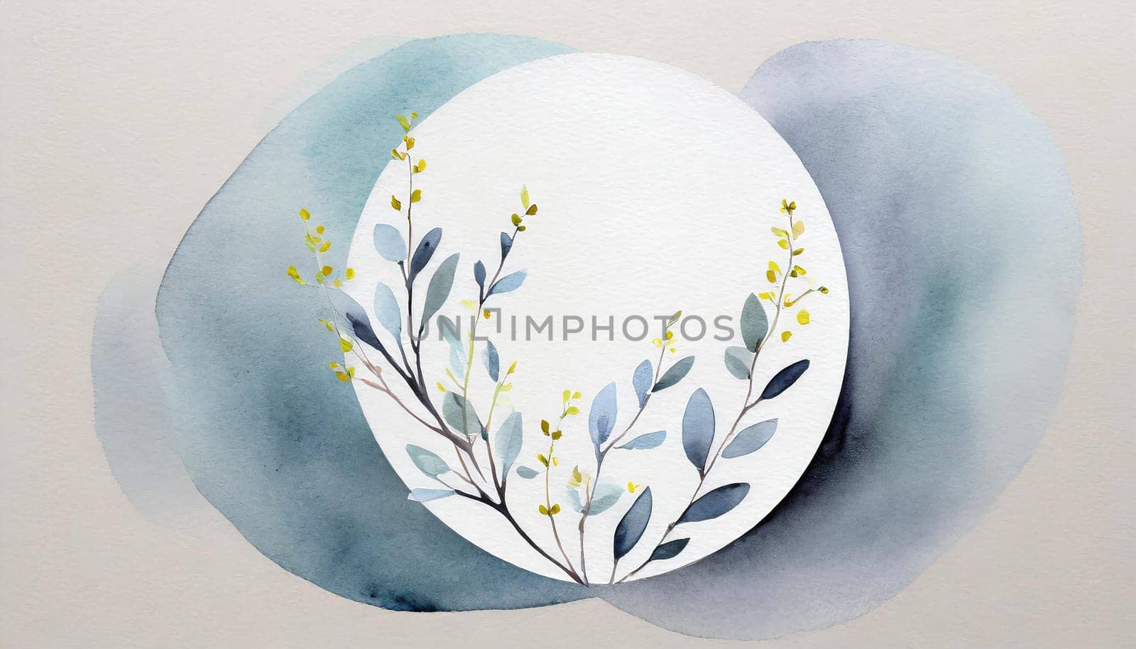 Greeting card template watercolor painting illustration of a delicate brancehs of litle spring flowers blended background. Mockup for invitation card. Generative Ai.