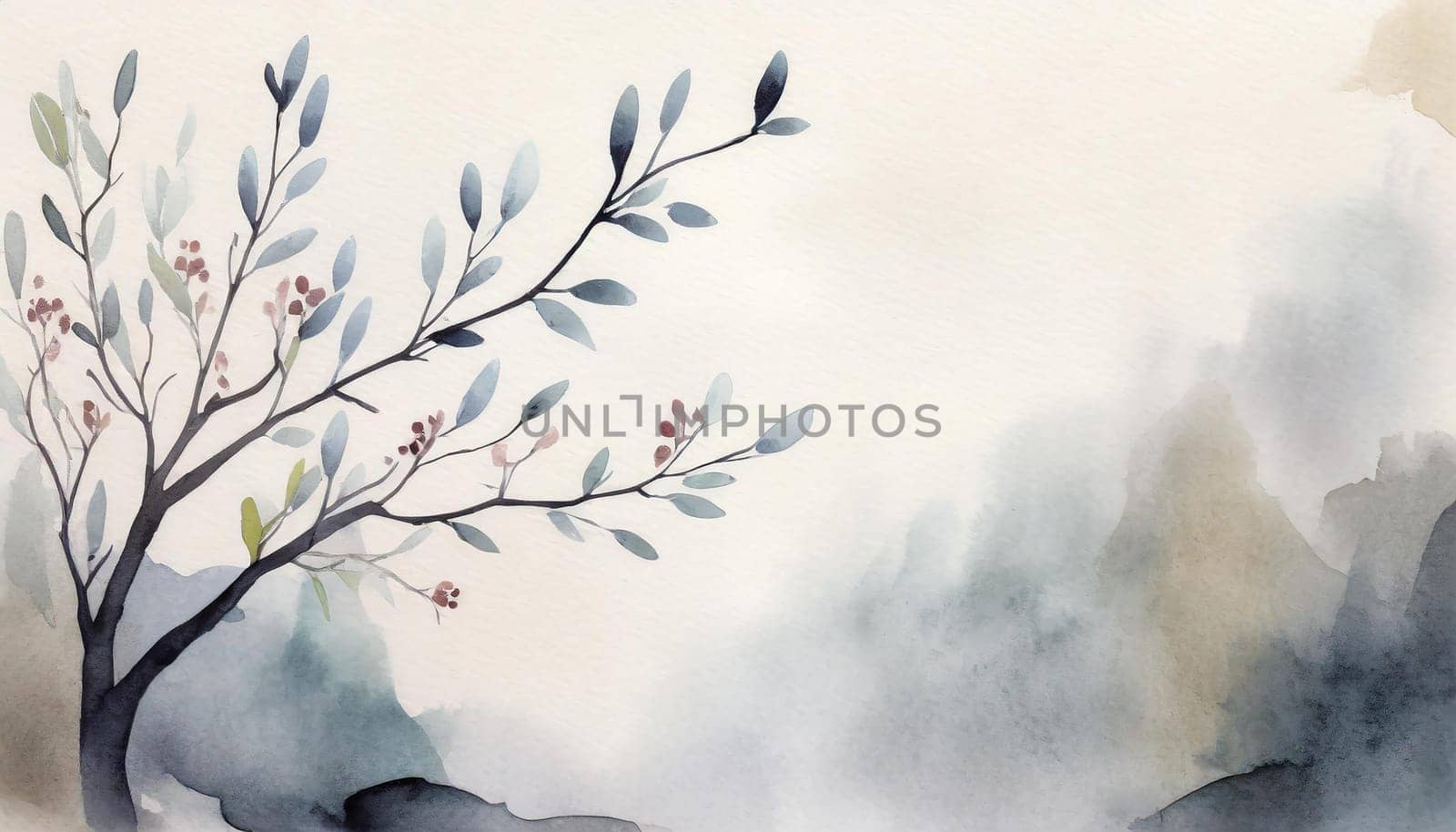 Greeting card template watercolor painting illustration of a delicate brancehs of litle spring flowers blended background. Mockup for invitation card. Generative Ai.