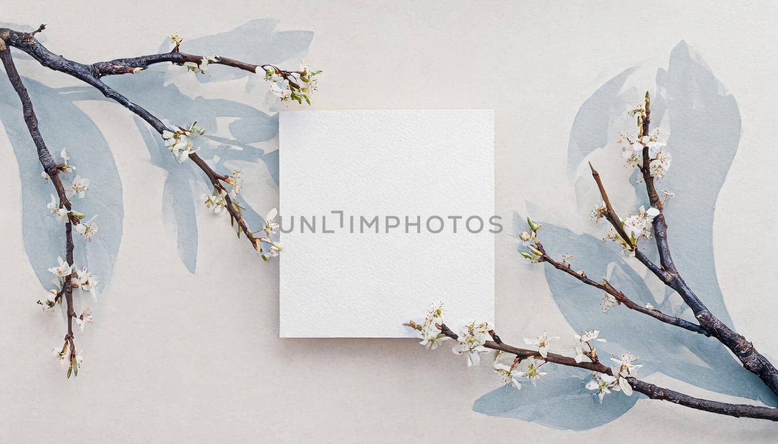 Greeting card template watercolor painting illustration of a delicate brancehs of litle spring flowers blended background. Mockup for invitation card. Generative Ai.