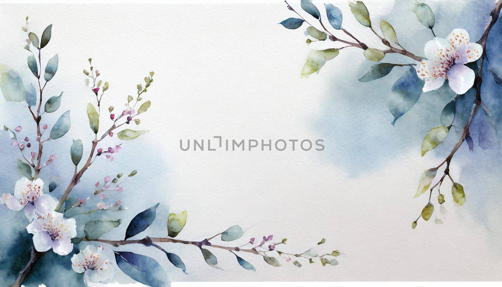 Greeting card template watercolor painting illustration of a delicate brancehs of litle spring flowers blended background. Mockup for invitation card. Generative Ai.