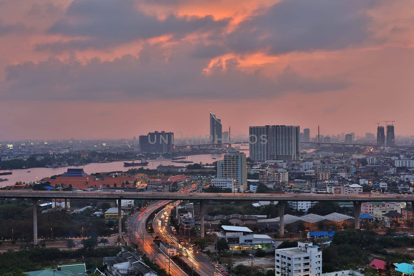 Bangkok,capital of Thailand with river Chao Phraya in the evening