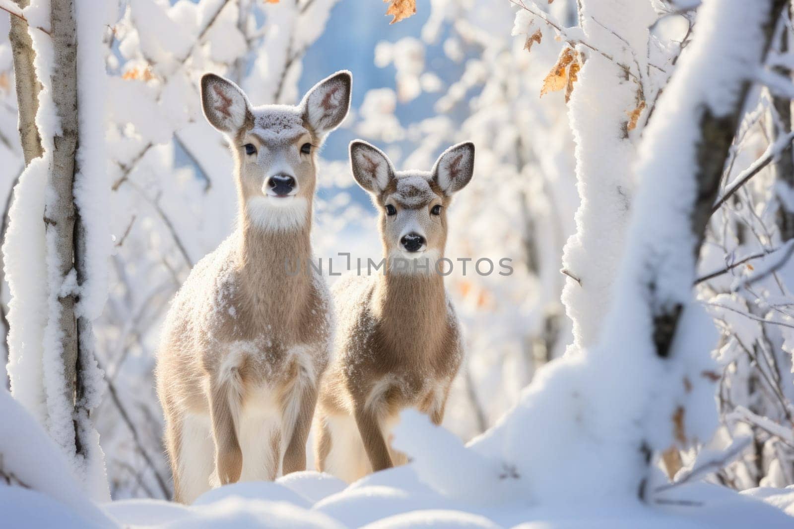 An enchanting winter tableau, showcasing the grace and resilience of wildlife, including deer, birds, and squirrels, in their natural habitats during the frosty season.