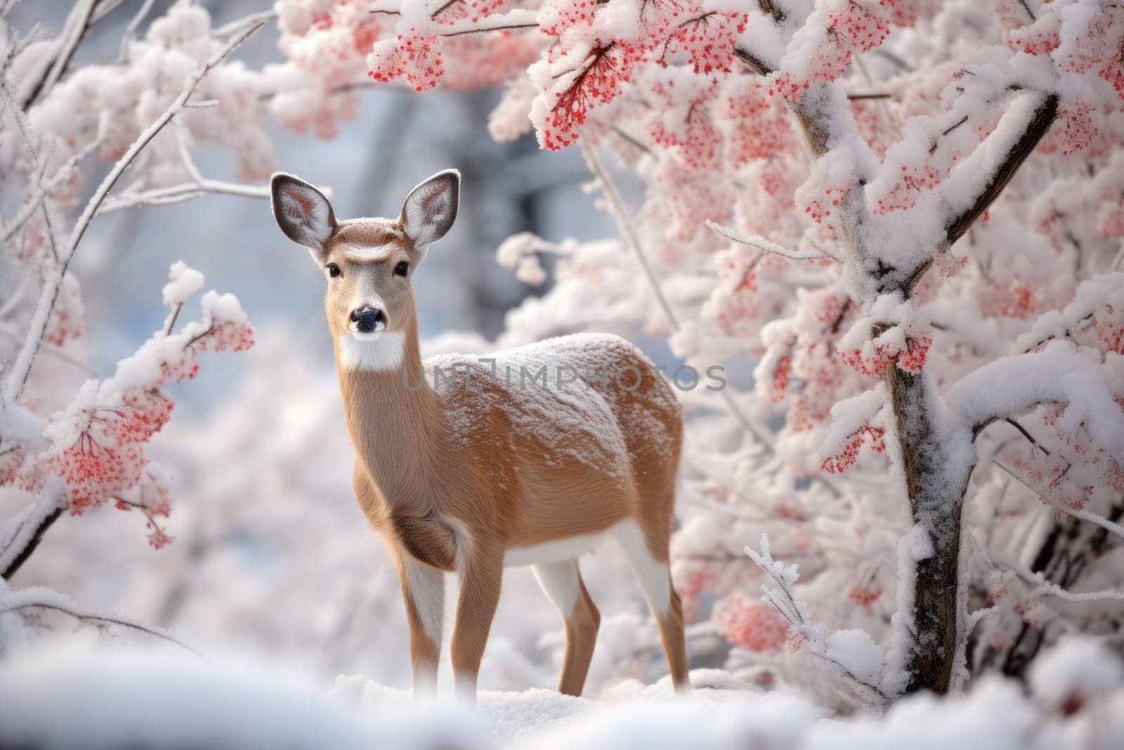 An enchanting winter tableau, showcasing the grace and resilience of wildlife, including deer, birds, and squirrels, in their natural habitats during the frosty season.