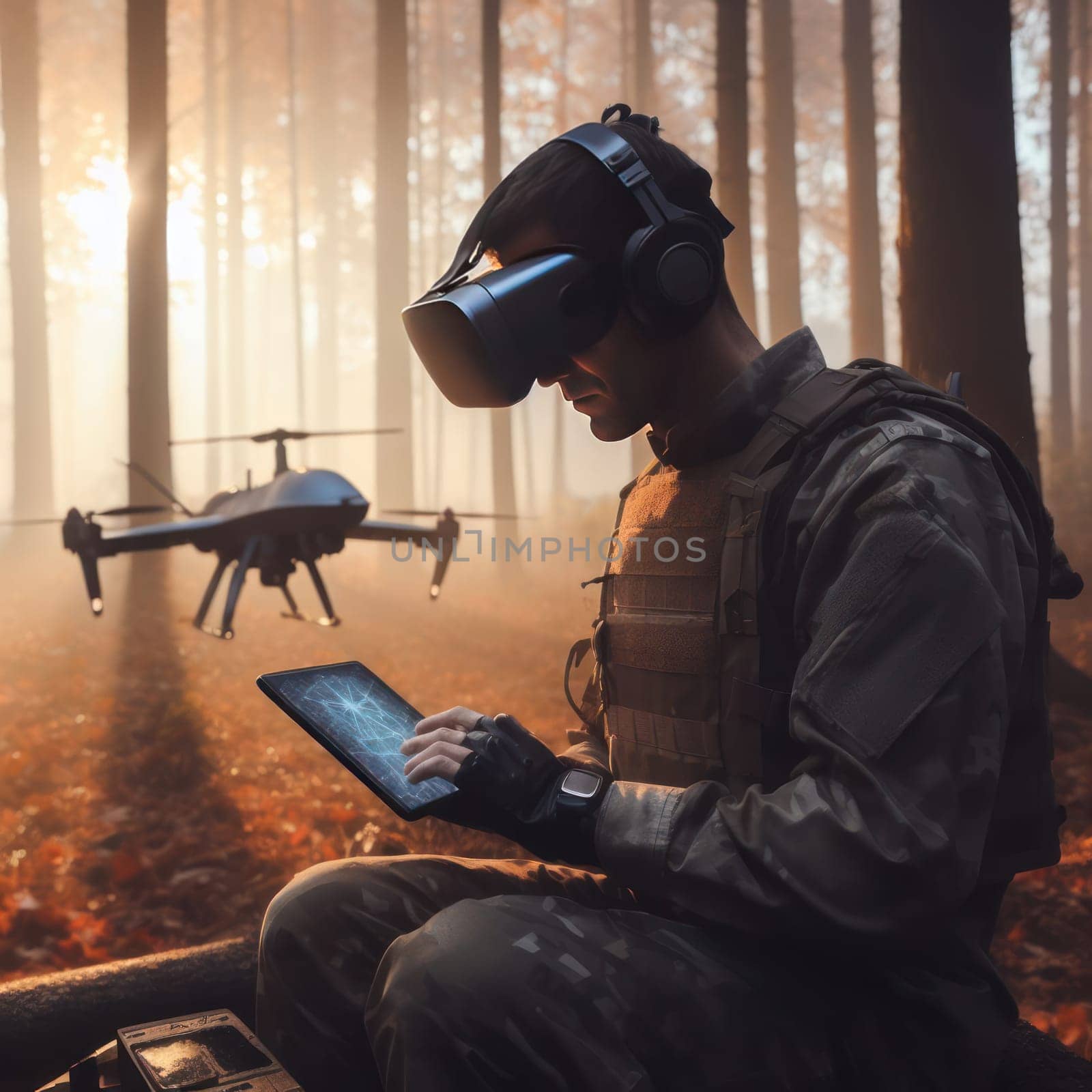 Military soldier controls drone for reconnaissance operation of enemy positions. Concept using quadrocopters in smart war.