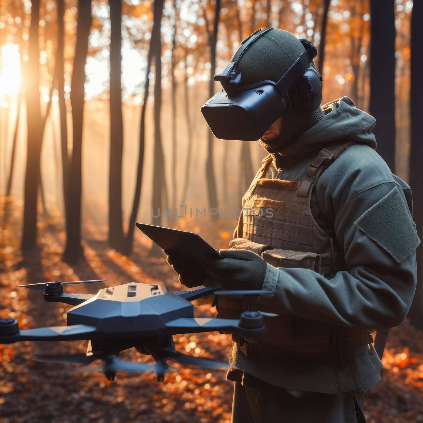 Military soldier controls drone for reconnaissance operation of enemy positions. Concept using quadrocopters in smart war.