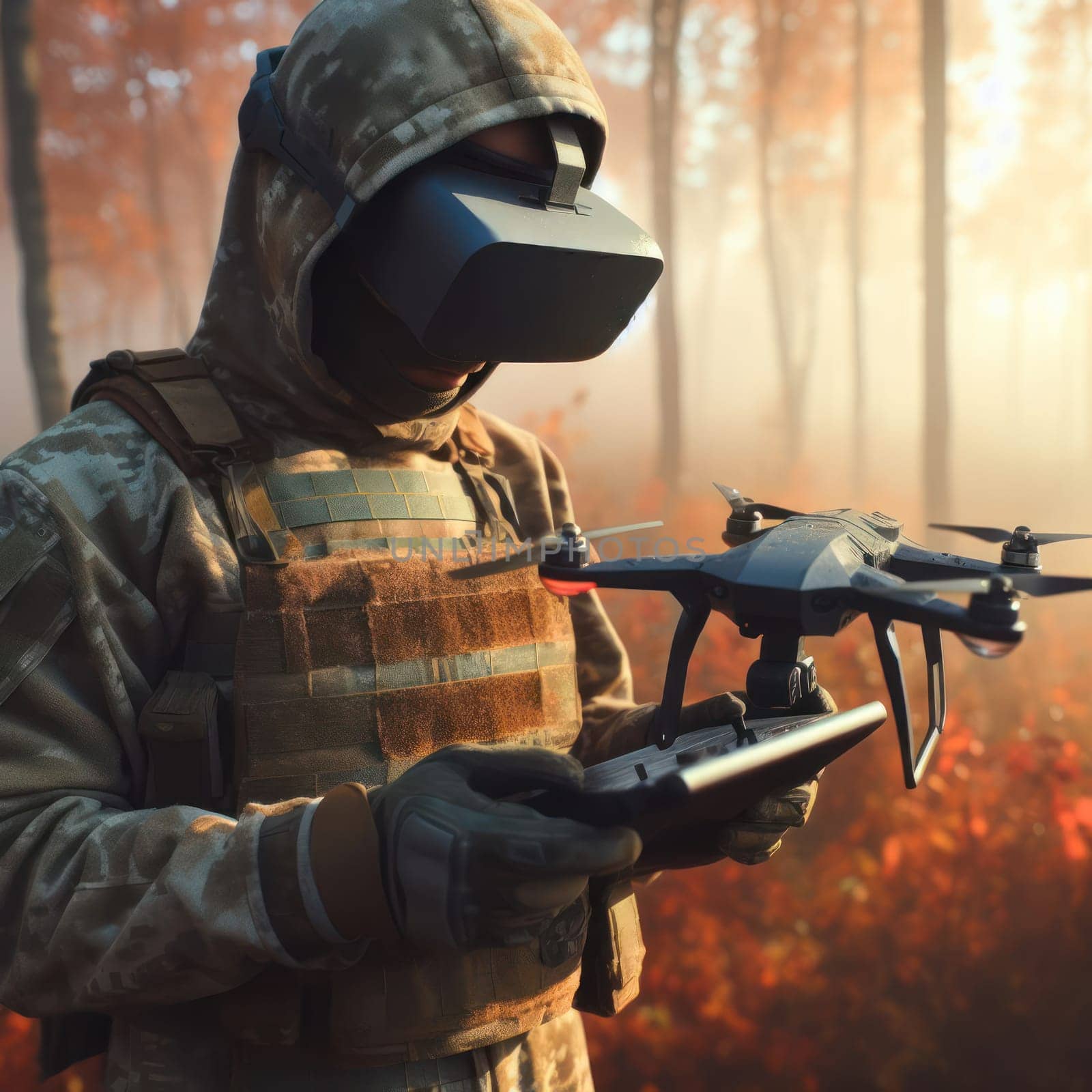 Military soldier controls drone for reconnaissance operation of enemy positions. Concept using quadrocopters in smart war.