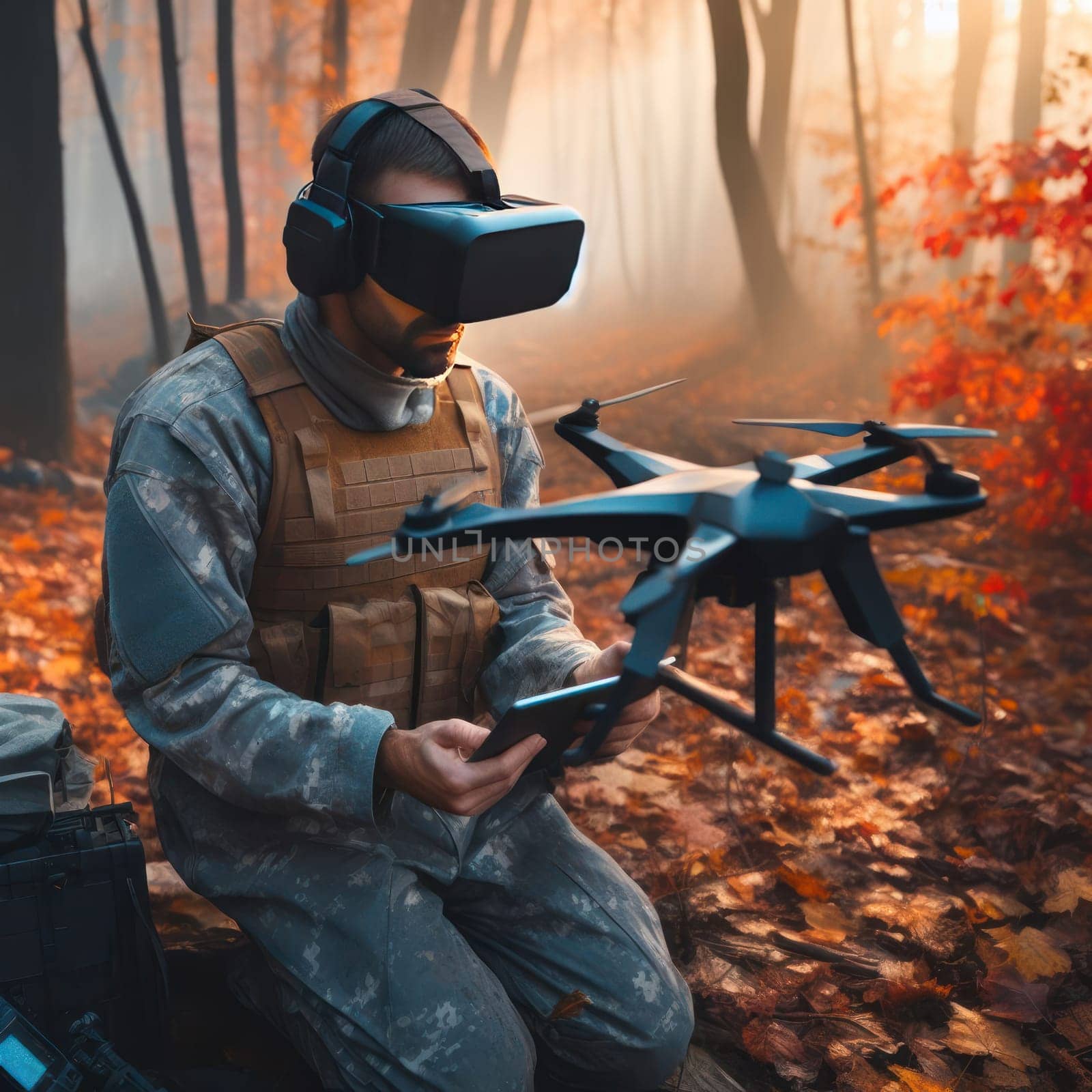 Military soldier controls drone for reconnaissance operation of enemy positions. Concept using quadrocopters in smart war.