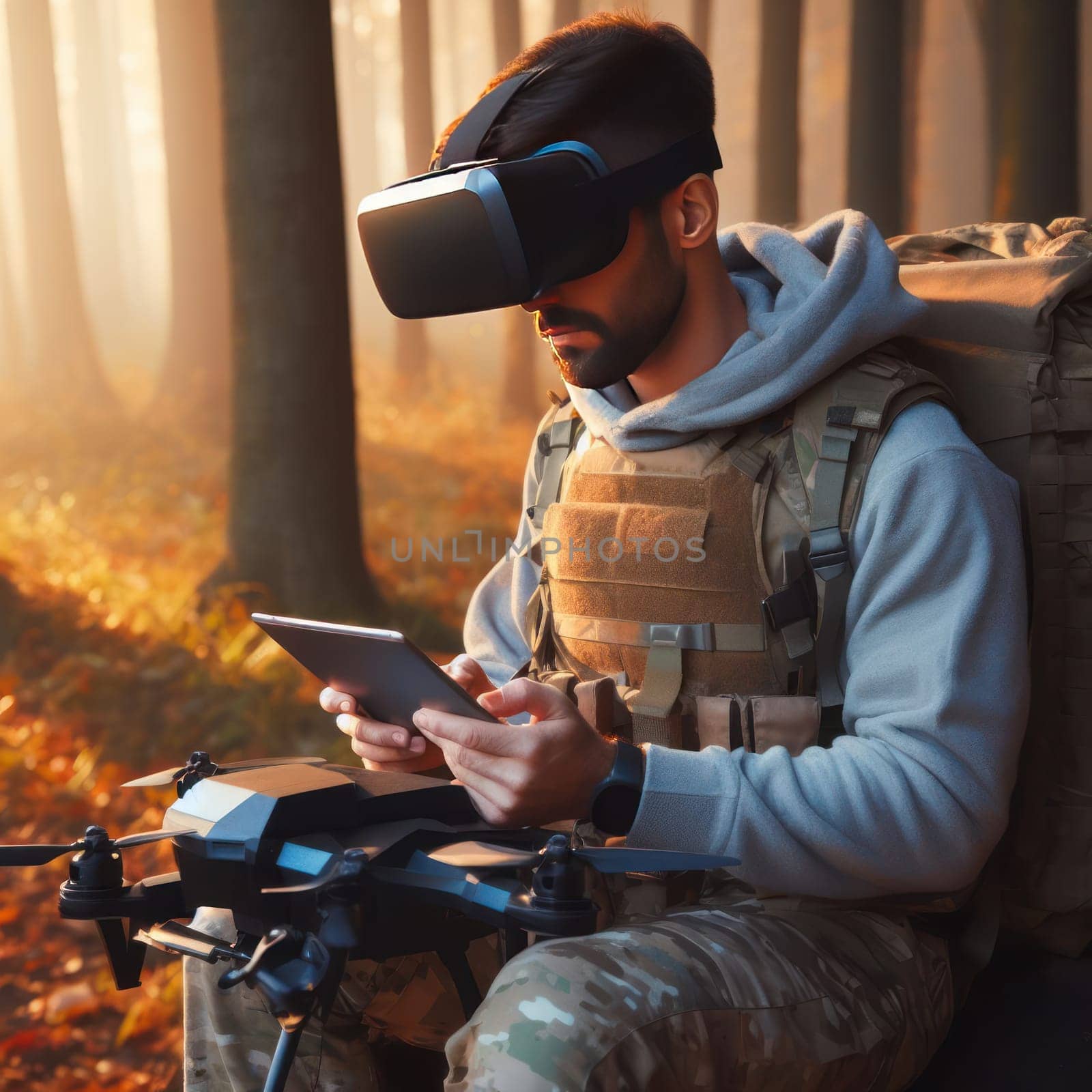 Military soldier controls drone for reconnaissance operation of enemy positions. Concept using quadrocopters in smart war.