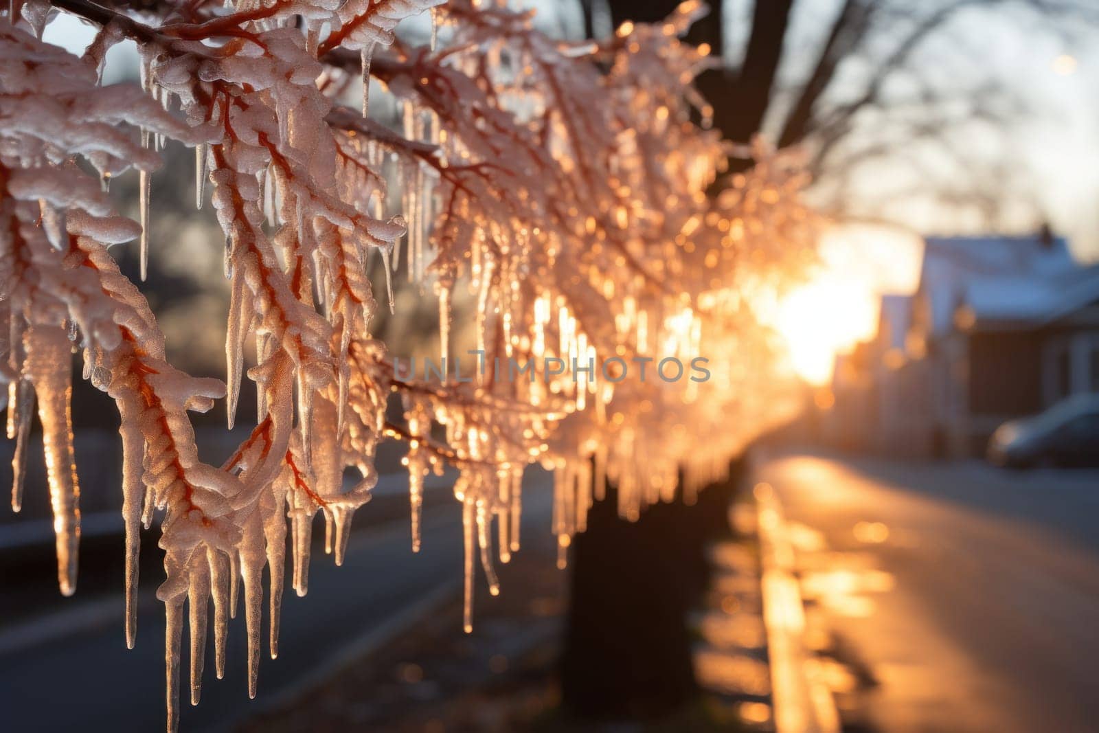 A remarkable portrayal of winter's allure, focusing on the glistening, see-through charm of icicles suspended from rooftops and tree limbs, showcasing their sparkling and crystalline elegance.
