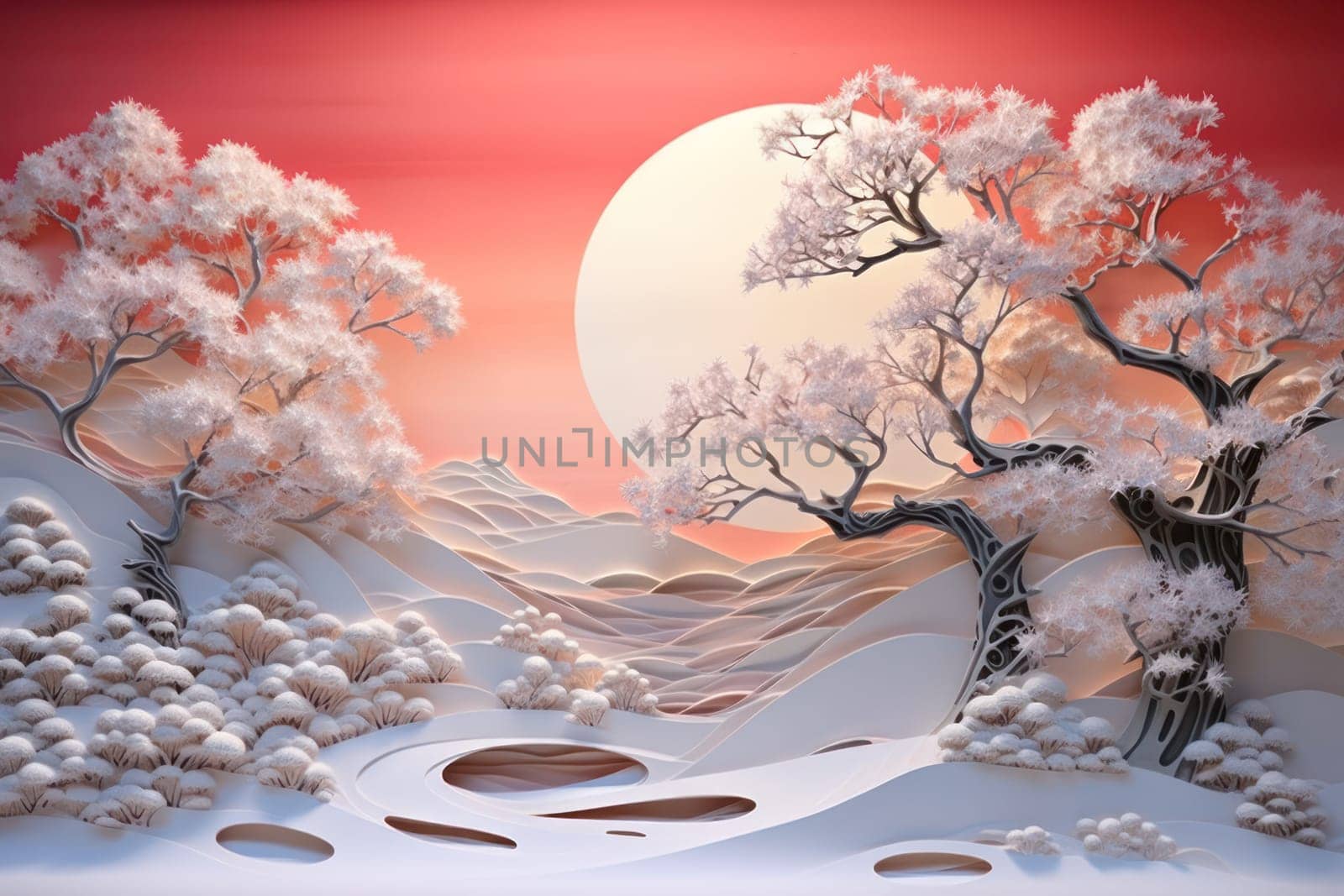 An exquisite winter composition, expertly capturing the tranquil allure of recently fallen snow draping over trees, landscapes, and architectural structures.
