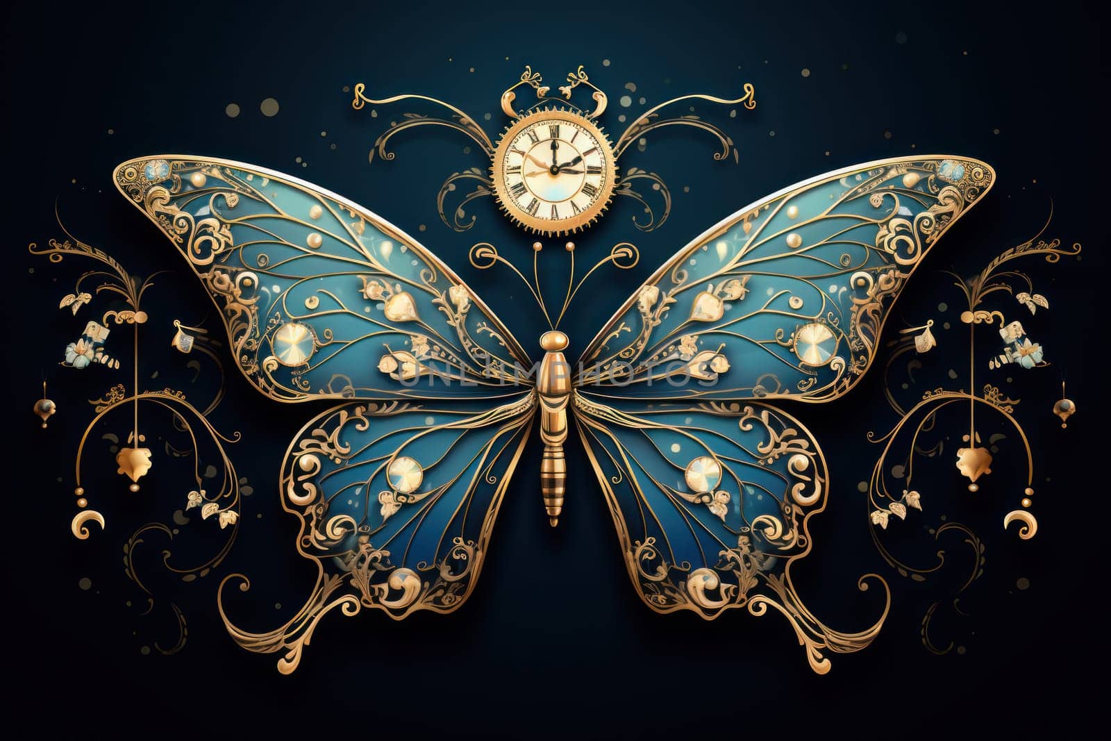 An enchanting portrayal of ethereal clockwork butterflies, fluttering gracefully with intricate precision, each adorned with intricate gears and delicate wings that shimmer with fantastical hues.