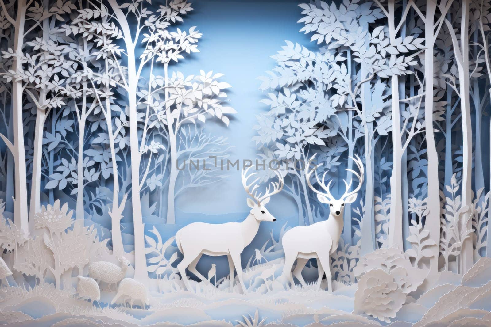 An enchanting winter tableau, showcasing the grace and resilience of wildlife, including deer, birds, and squirrels, in their natural habitats during the frosty season.