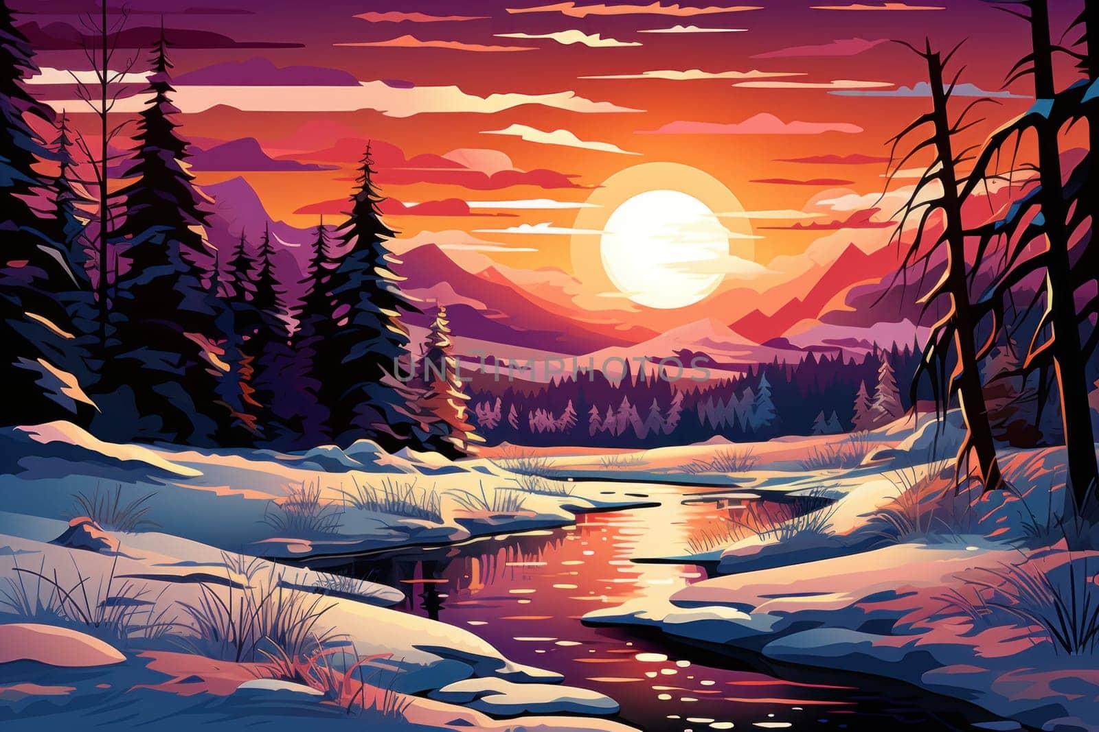 A captivating artistic portrayal of the enchanting winter season, where landscapes are magically transformed into a wonderland adorned with shimmering snow and sparkling icicles.