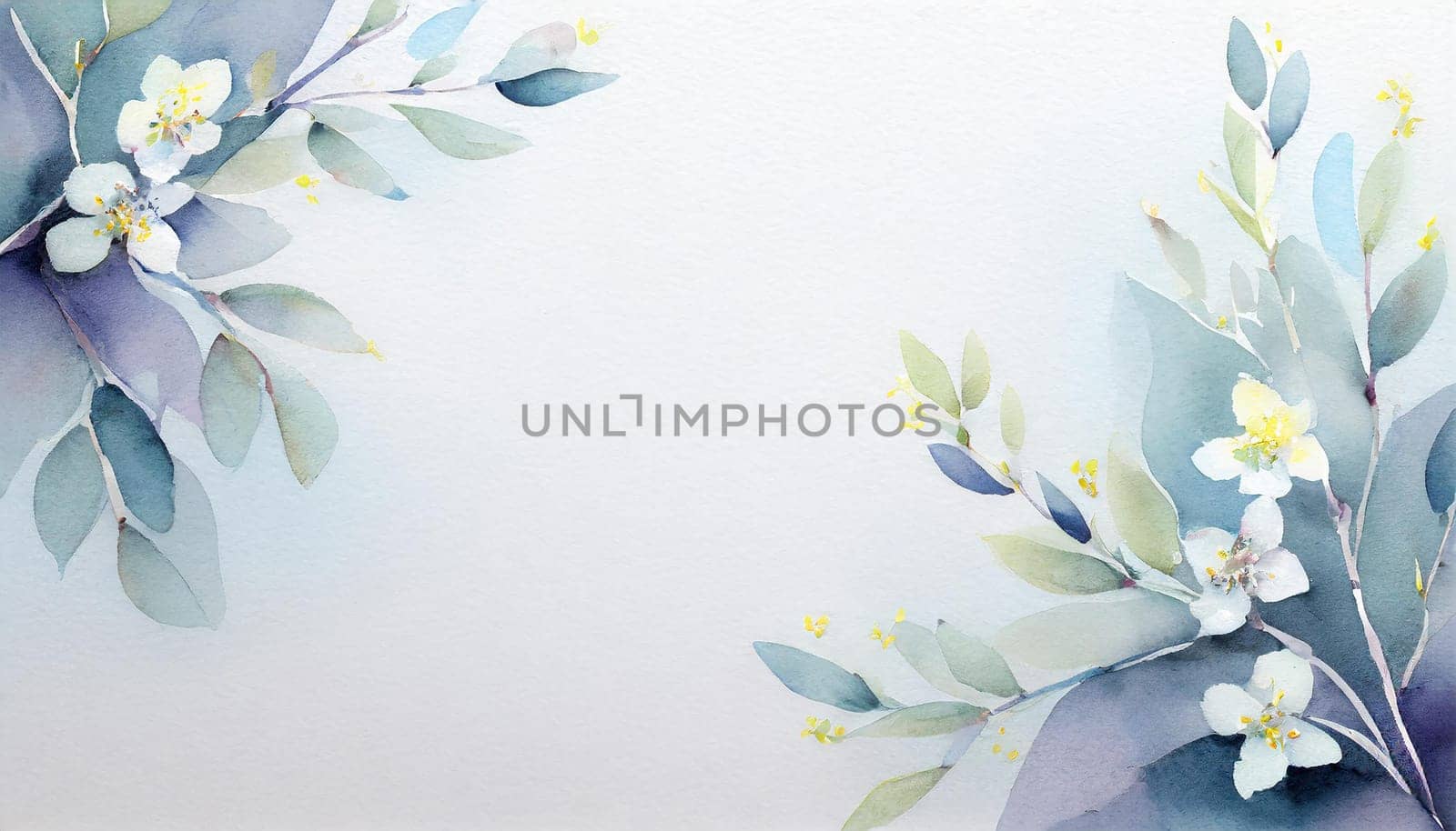Greeting card template watercolor painting illustration of a delicate brancehs of litle spring flowers blended background. Mockup for invitation card. Generative Ai.
