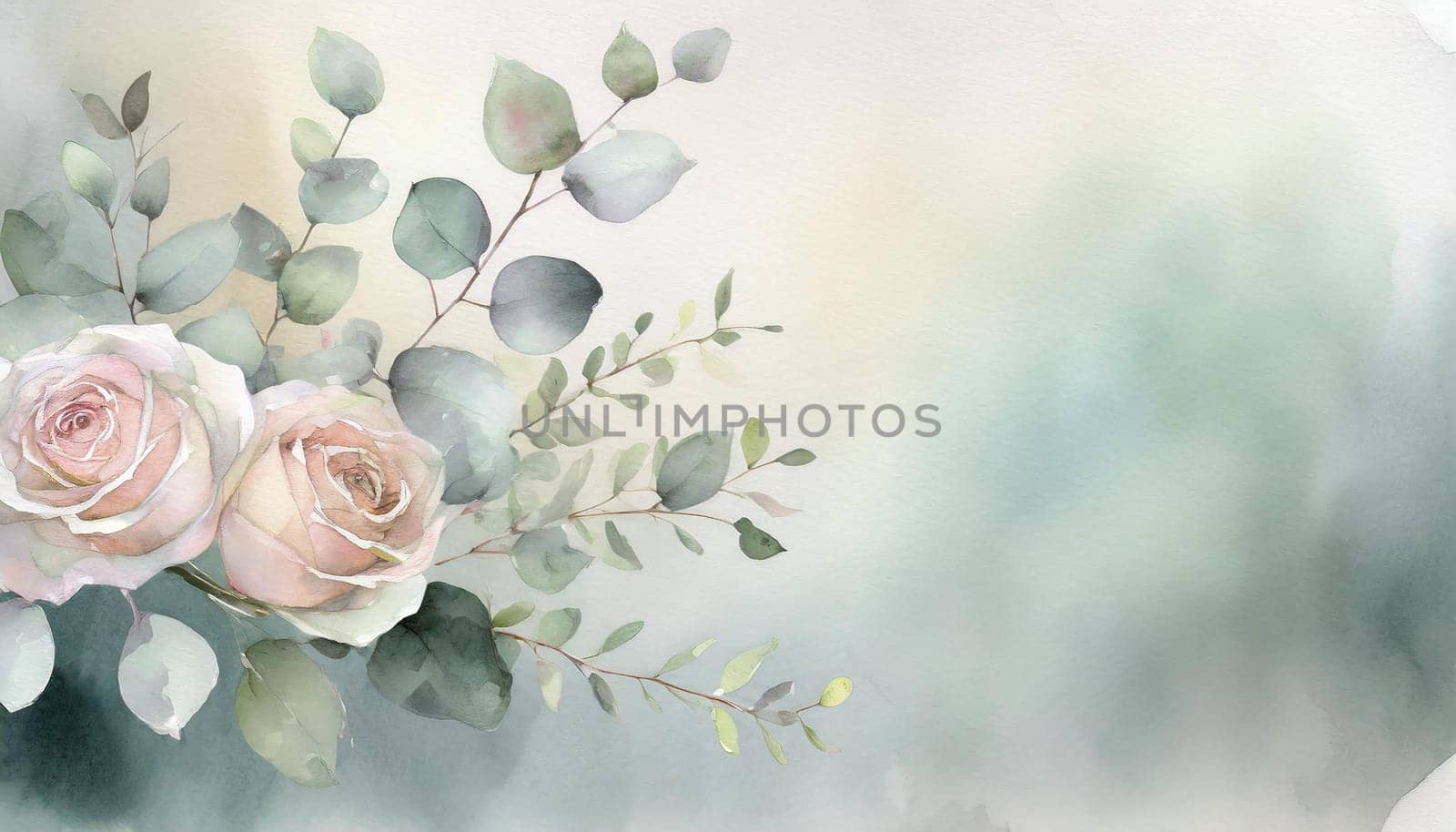 Illustration of a greeting card template watercolor painting of delicate roses and green leaves blended background. Mockup for invitation card. Generative Ai