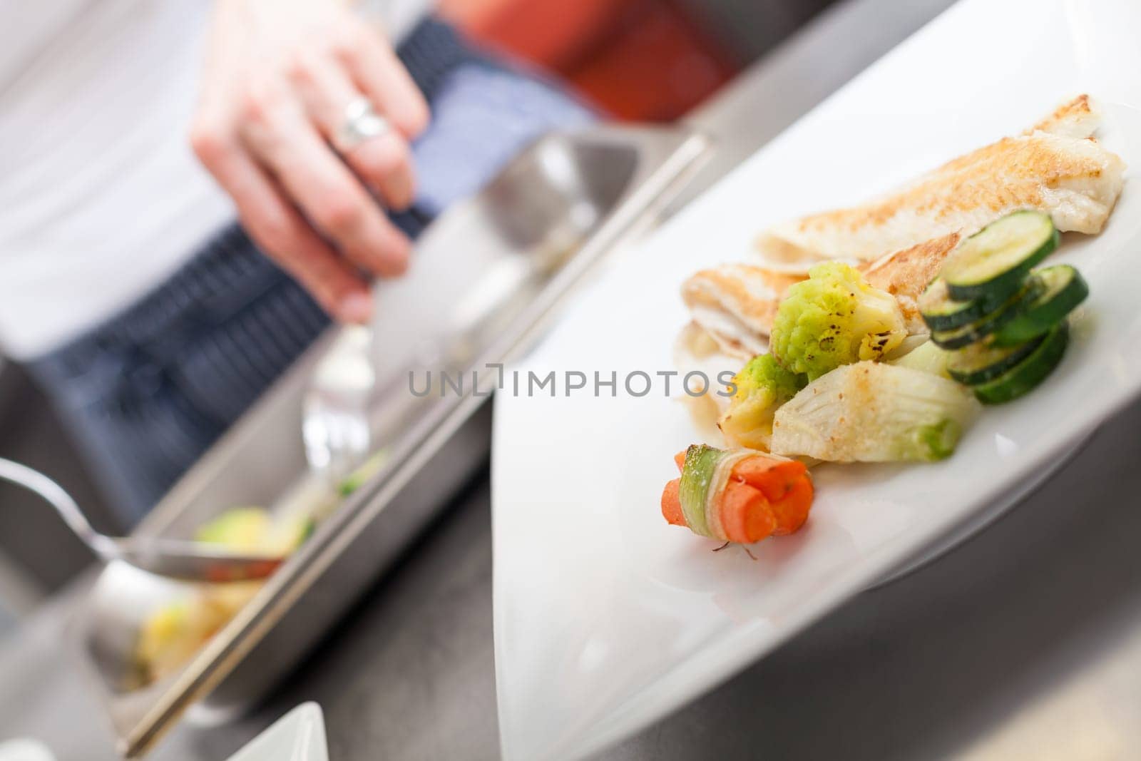 fresh fried fish fillet with vegetables and sauce on a teller restaurant kitchen preparation dinner