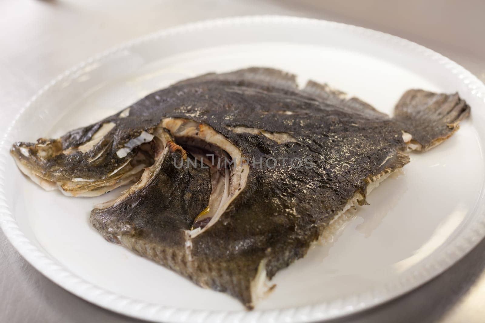fresh rockbutt fish in the restaurant kitchen preparation detail recording