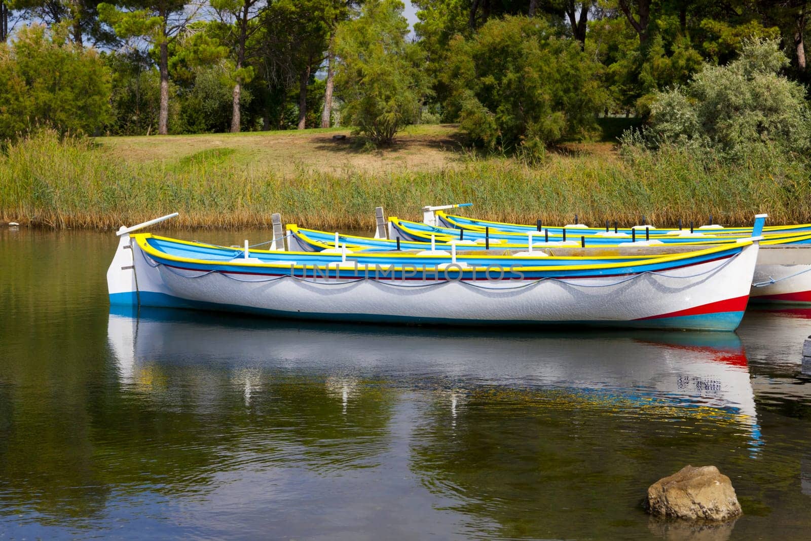 Colorful Row Boats on the Pond of Gruissan in South France