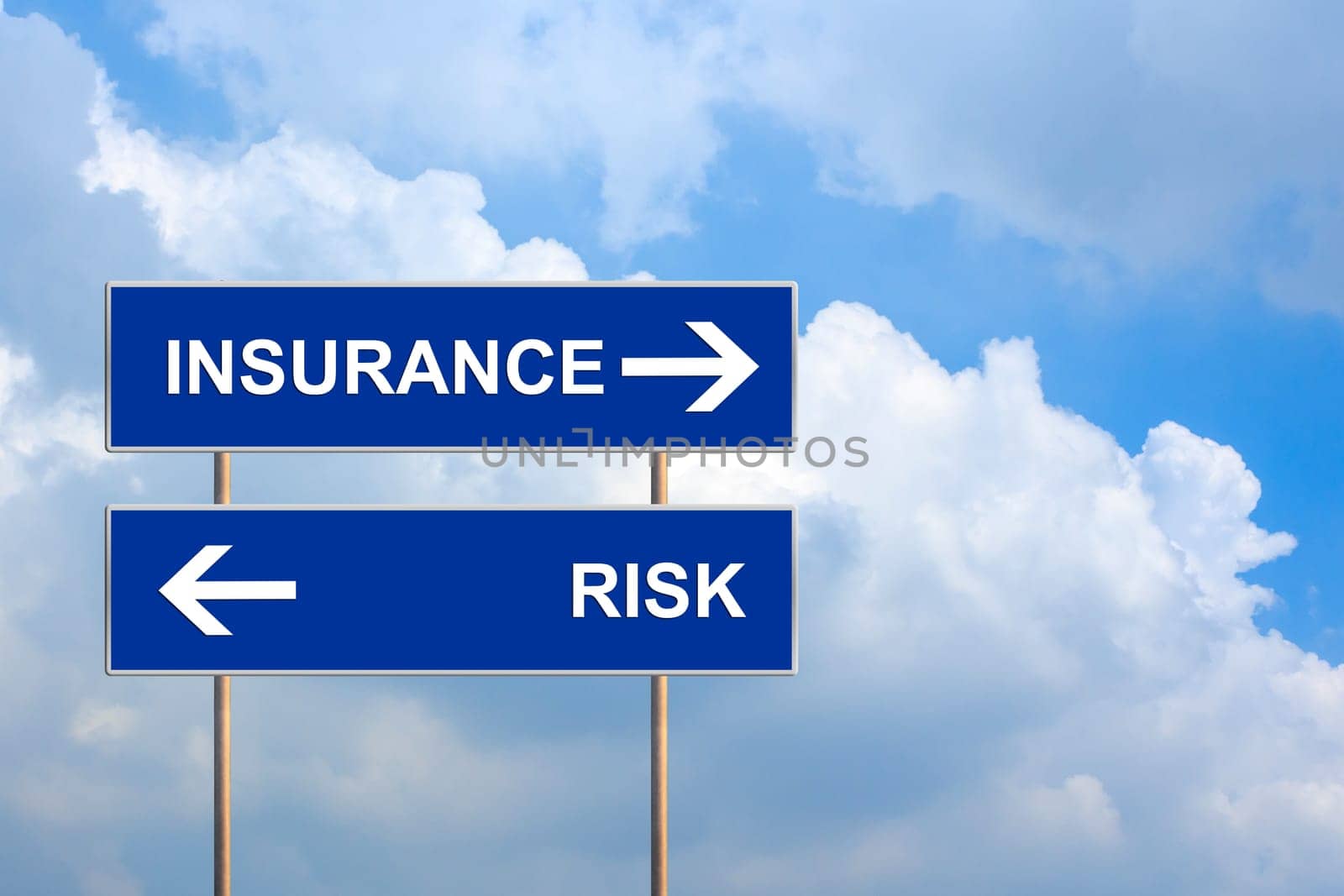 Insurance and risk on blue road sign with blue sky
