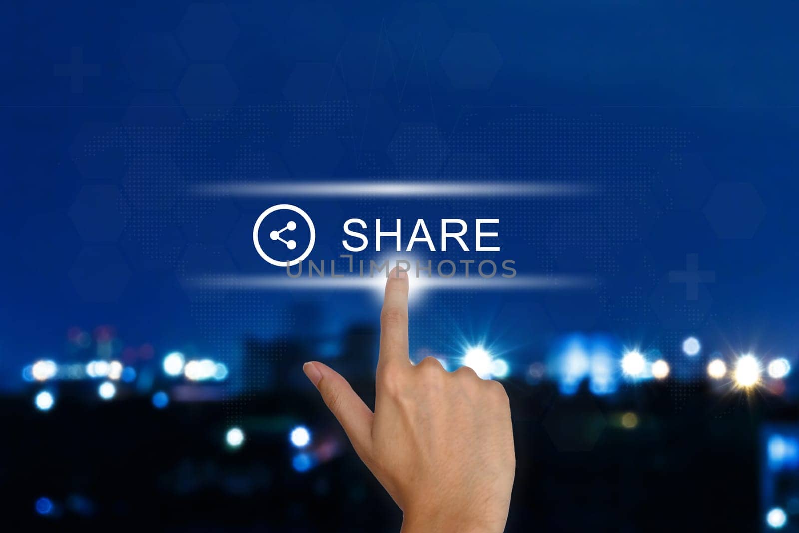 hand clicking share button on a touch screen interface