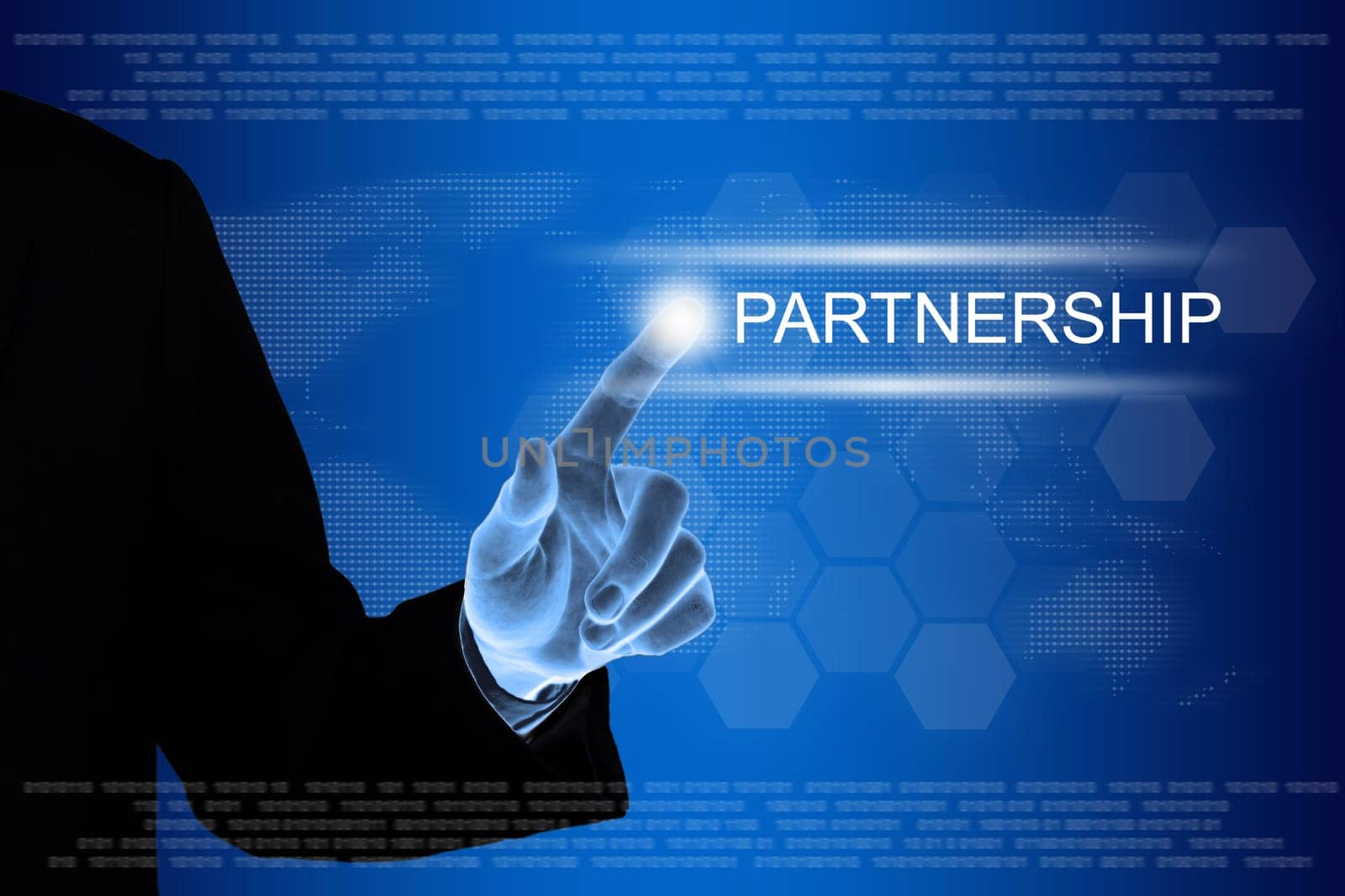 business hand pushing partnership button on a touch screen interface