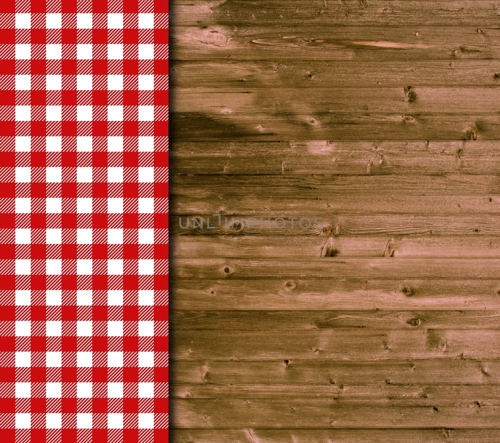 Wooden background and tablecloth with red and white plaid