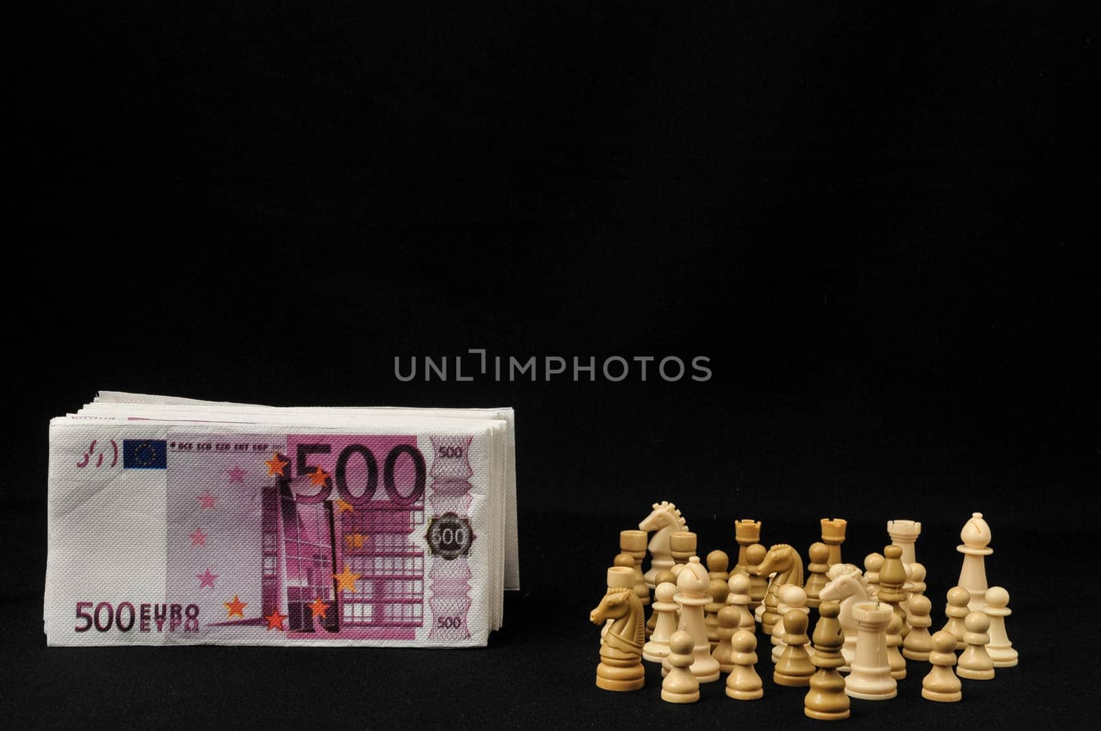 Money Strategy Concept White Chess and Currency on a Black Background