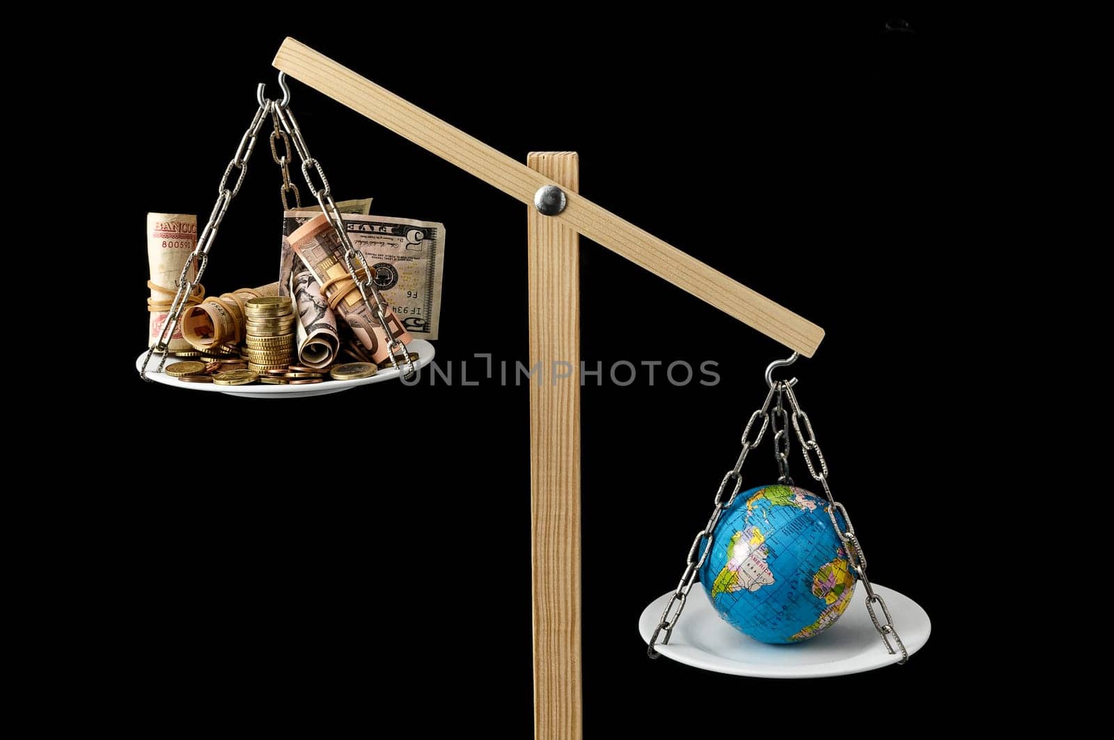 Globe Planet Earth and Money on a Two Pan Balance