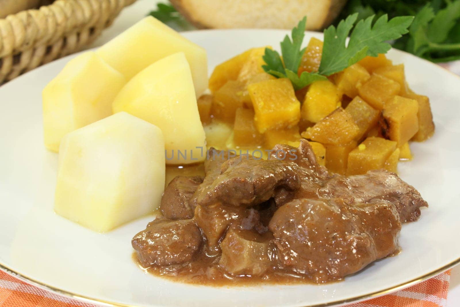 Wild goulash with turnip vegetables and potatoes