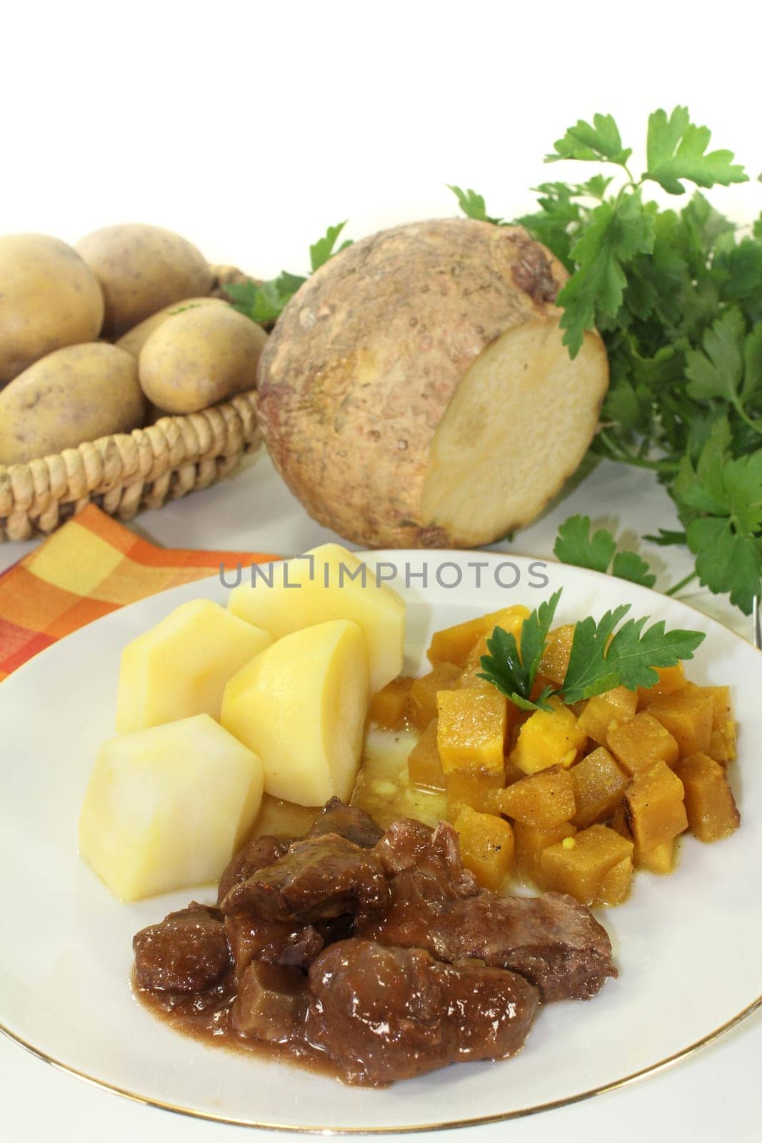 Wild goulash with turnip vegetables and potatoes