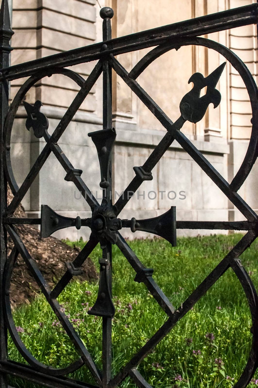 Detail of old black ornamental iron fence closeup