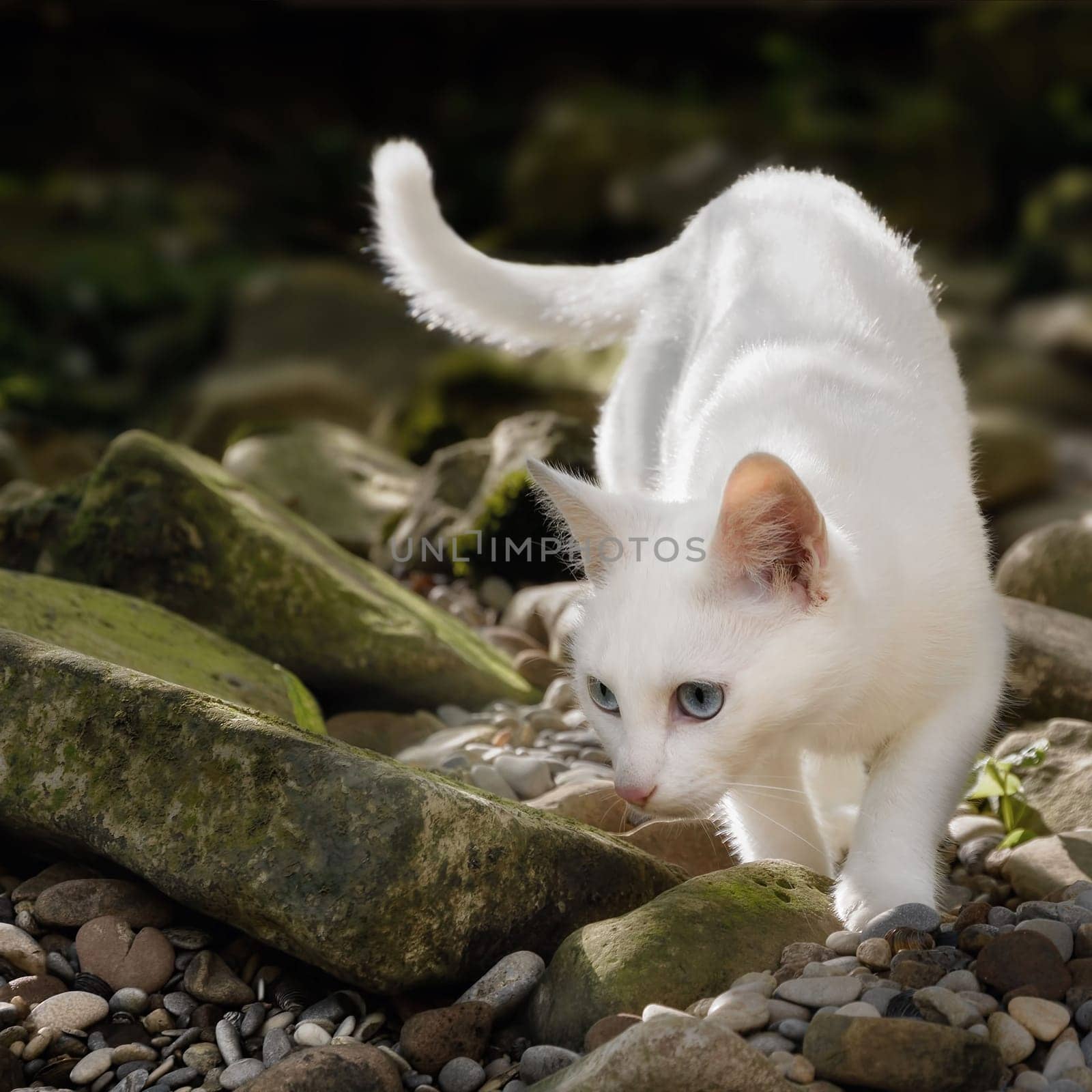 Snow-white cat on stones in the wild