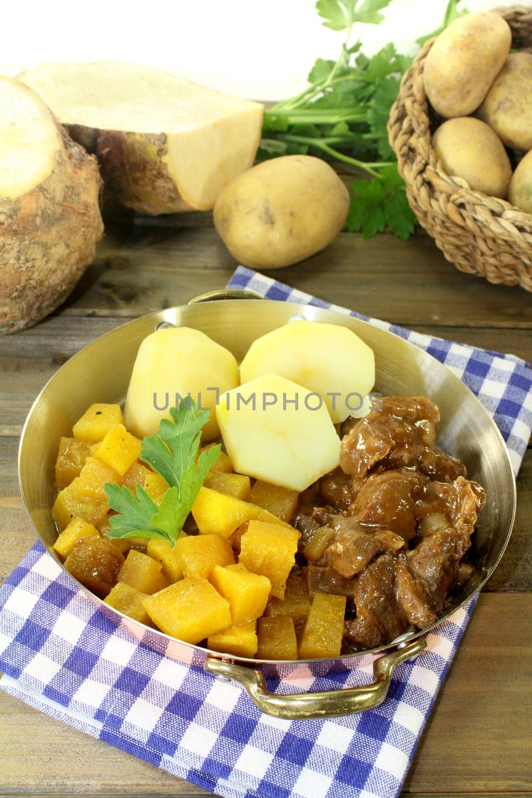 Wild goulash with turnip vegetables and potatoes