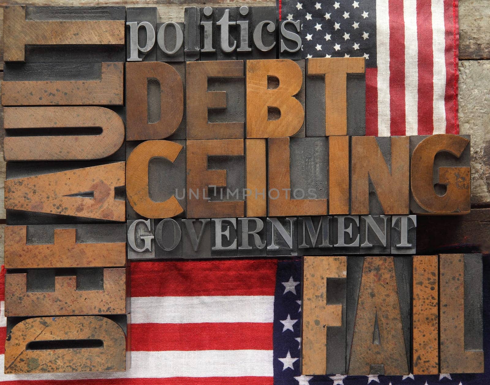 default, debt ceiling and other words in wood and metal type