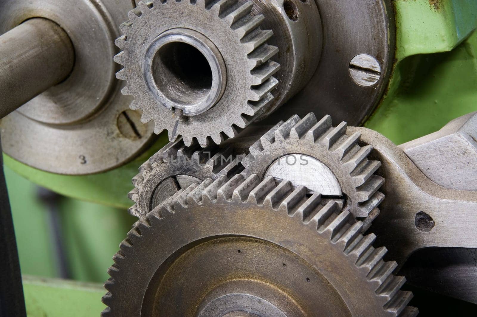 Close-up of the shifting gear box of a lathe
