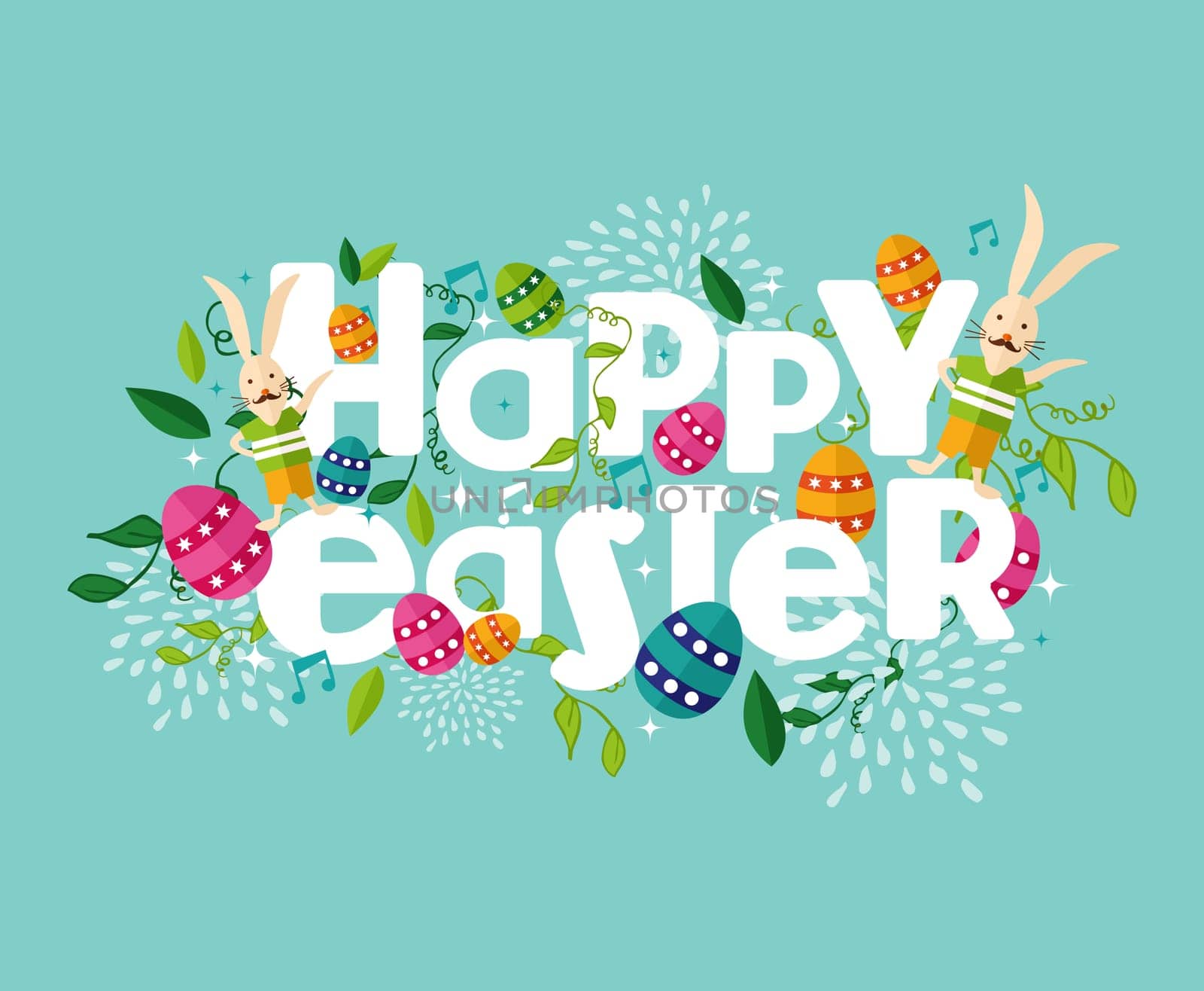 Colorful Happy Easter greeting card with flowers eggs and rabbit elements composition. EPS10 vector file organized in layers for easy editing.