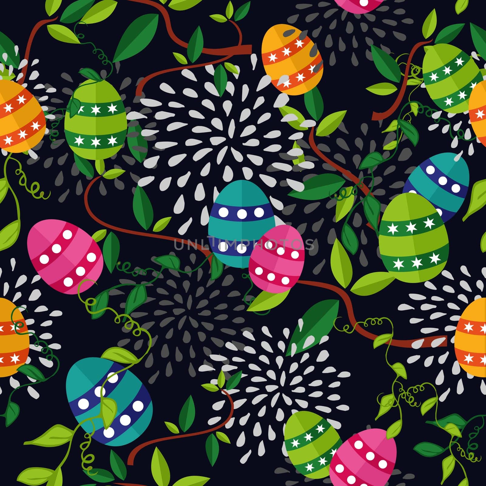 Cute colorful Easter seamless pattern with flowers and colors eggs on black background. EPS10 vector file organized in layers for easy editing.