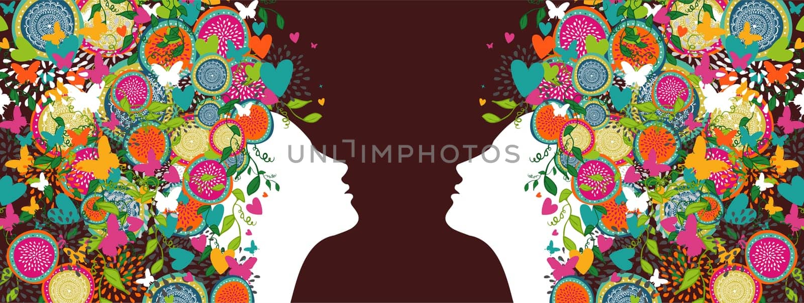 Women silhouettes profiles with abstract summer flowers design banner. Vector illustration layered for easy manipulation and custom coloring.