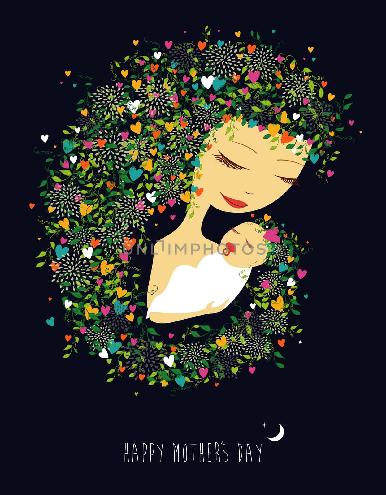 Happy Mothers day greeting card, woman and child hugging . Vector illustration layered for easy manipulation and custom coloring.