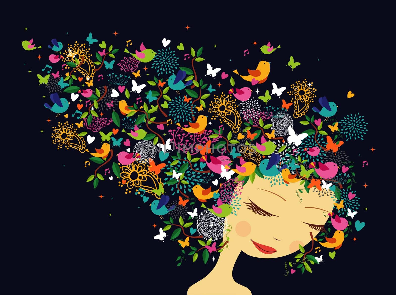Beautiful fashion women abstract hair flower and bird composition. Summer and springtime concept. Vector illustration layered for easy manipulation and custom coloring.